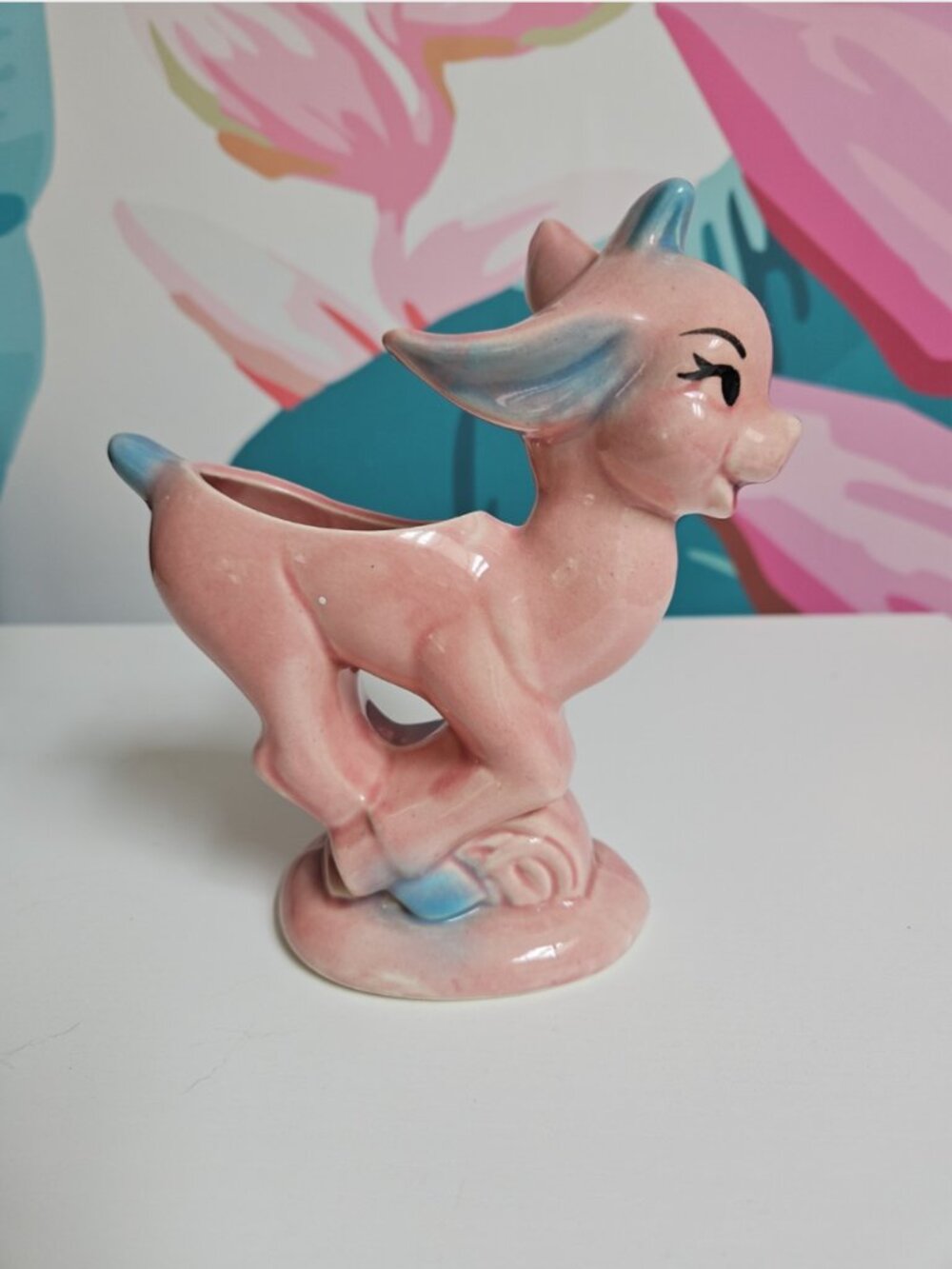 Vintage MCM Anthropomorphic Planter Pink Blue Running Deer American Bisque Co